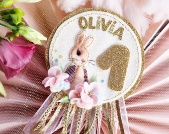 Insignia de cumpleaños de conejo lindo / decoración de cumpleaños / Lindo conejito en decoración temática rosa / 1er cumpleaños / Fiesta temática de conejito lindo