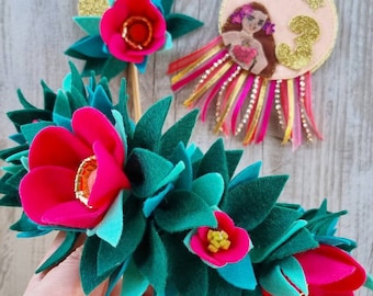 Corona de flores de fieltro para cabeza completa de MOANA/decoración de cumpleaños/corona de flores con temática de princesa Disney de Moana/cumpleaños de Moana/fiesta temática de Moana