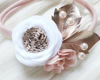 Alas de hada/Diadema de flores de fieltro color marfil, rubor y oro rosa/Corona de flores de fieltro/Diadema para bebé, niña pequeña, niña/Para boda, bautizo