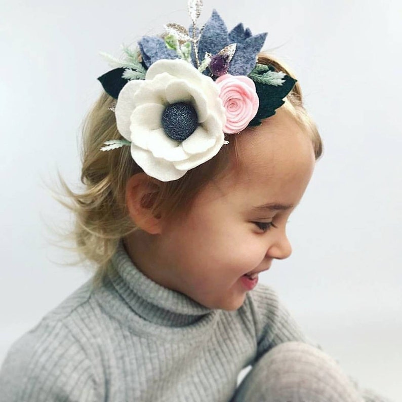 Frosty morning wintery felt flower headband christmas felt flower crown holiday headband anemone flower with velvet leaves