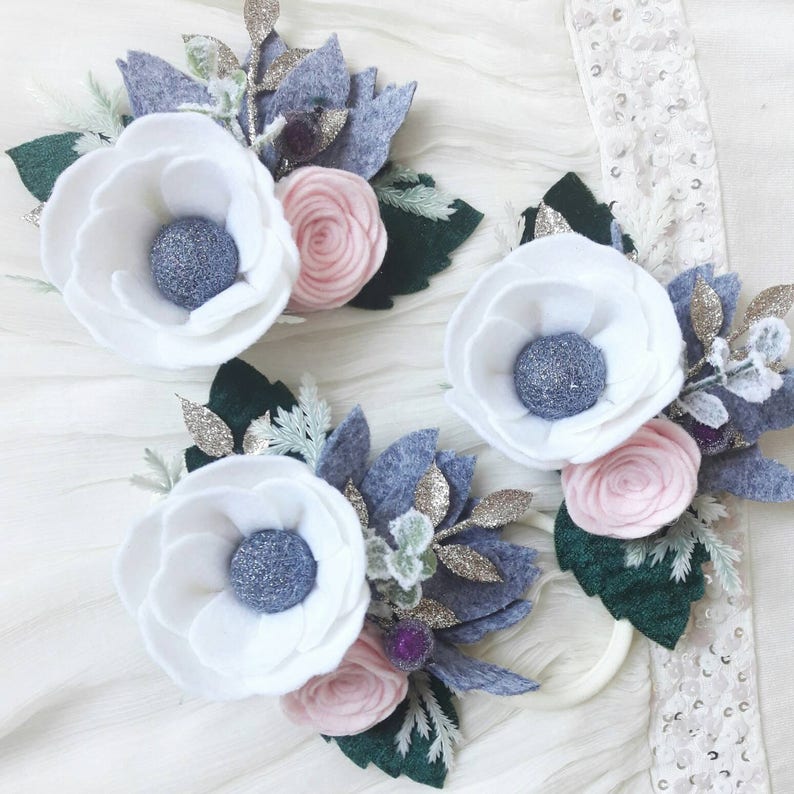 Frosty morning wintery felt flower headband christmas felt flower crown holiday headband anemone flower with velvet leaves