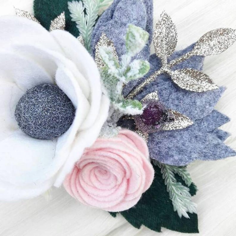 Frosty morning wintery felt flower headband christmas felt flower crown holiday headband anemone flower with velvet leaves