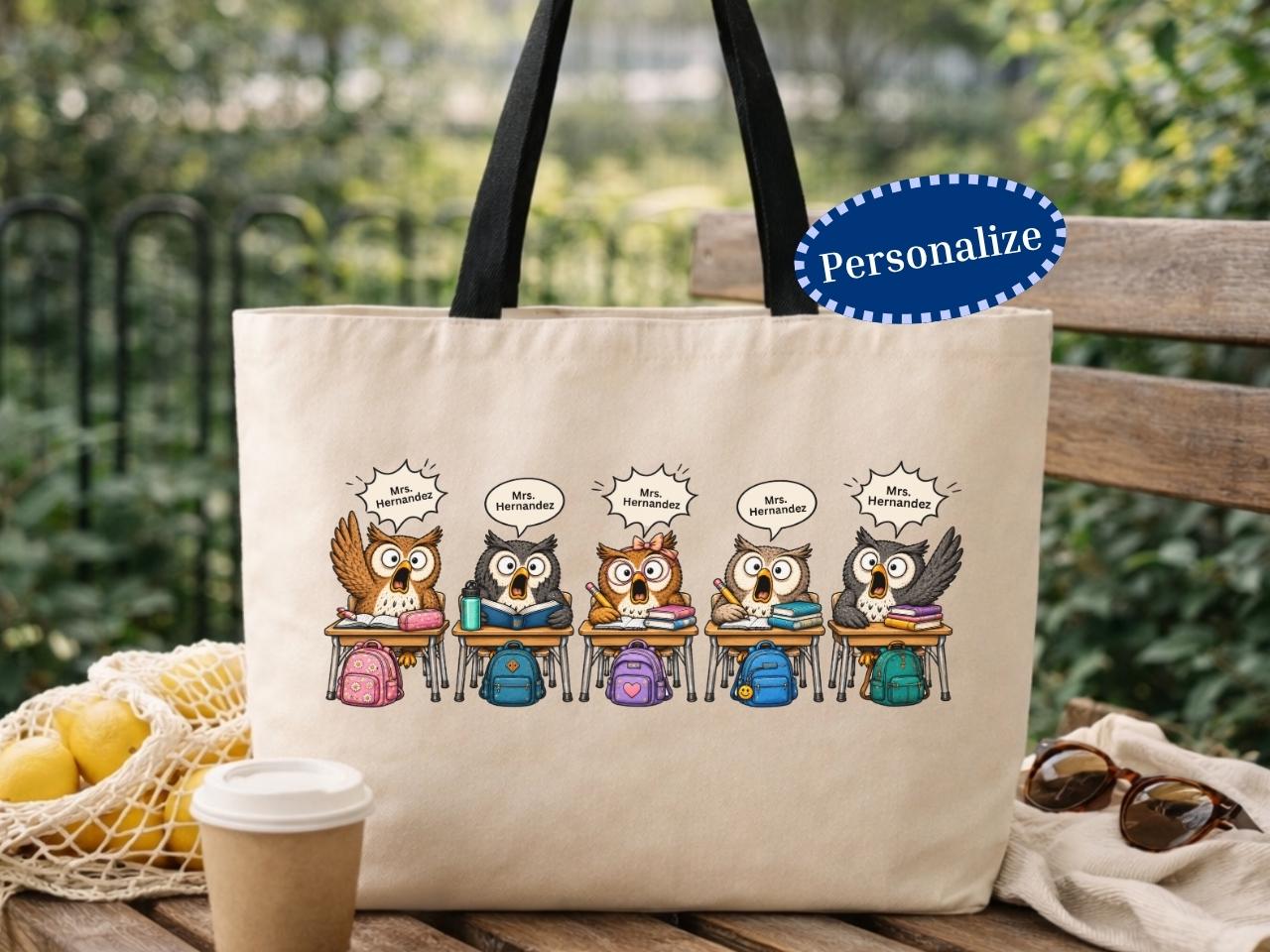 Personalized Teacher Zippered Tote Bag, Funny Owl Teacher Tote, Classroom Teacher Gift, Elementary S