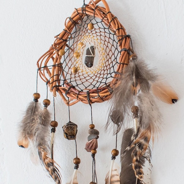 Protection Wall Art: Earth-Toned Dreamcatcher with Garnet, Smokey Quartz, and Tiger's Eye - Shamanic Home Decor for Meaningful Gifts