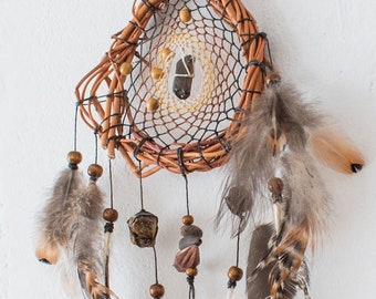 Protection Wall Art: Earth-Toned Dreamcatcher with Garnet, Smokey Quartz, and Tiger's Eye - Shamanic Home Decor for Meaningful Gifts