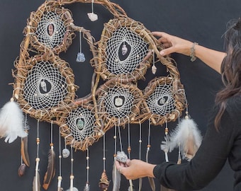 Unique Handcrafted Willow Dreamcatcher: Collage of 6 Units with 11 Semiprecious Stones - Ready to Ship in White Tones