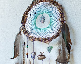 Energy healing dreamcatcher with heal crystal stone, Spiritual decor for healing room, Crystal wall hanging, Chakra art above bed decor