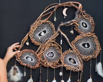 Handcrafted Willow Wood Dreamcatcher with 12 Semi-Precious Stones and Ceramic Crescent Moon: Customizable Colors for a Truly Unique Piece