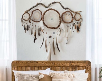 Bohemian Macramé Wall Art: Large Natural Dreamcatcher Set with Semi-Precious Stones for Stylish Home Decor, Bedroom decor above the bed