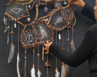 Handmade Dreamcatcher natural decor with healing crystals confetti, raw crystals nature wall decor Handmade crystal healing wall decor gifts