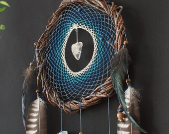 Nature-Inspired Blue and White Dreamcatcher Wall Decor with Calming Gemstones, Unique Earthy Gift for Mindfulness and Shamanic Healing