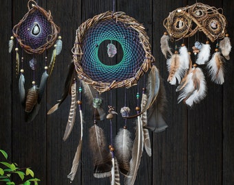 Healing crystal dream catcher set natural materials, Earth Dreamcatcher natural feathers, earthy natural bedroom decor, Shaman gift, Healer