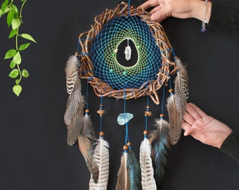 Soothing Blue and Green Dreamcatcher: Willow Wall Art with Healing Crystals - Calming Decor, Anxiety Relief, Natural Gift, Holistic Shamanic