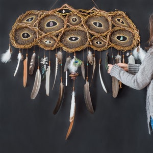 Unique Large Dreamcatcher with 19 Crystals – Authentic Earthy Wall Art, Handmade Spiritual Decor with Natural Materials