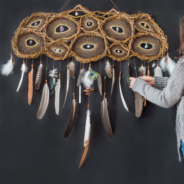 Unique Large Dreamcatcher with 19 Crystals – Authentic Earthy Wall Art, Handmade Spiritual Decor with Natural Materials