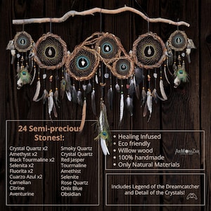May include: A large wall hanging featuring five interconnected willow wood hoops woven with dark thread, adorned with various semi-precious stones, feathers, and peacock plumes. Text on the image lists 24 semi-precious stones and features.