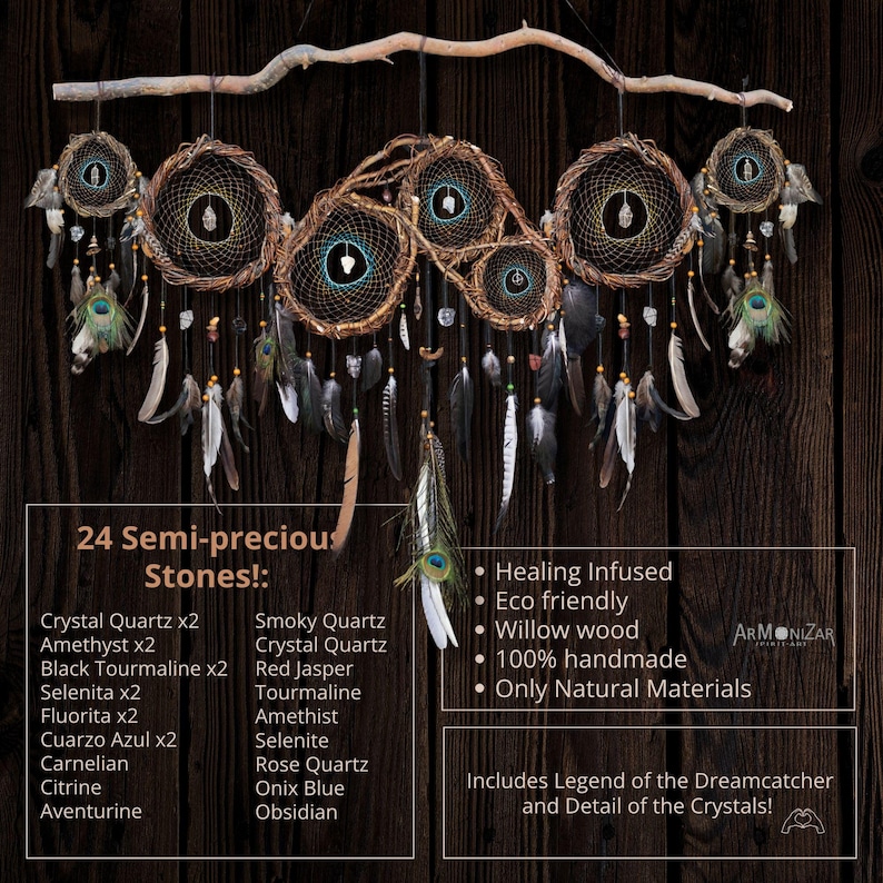 May include: A large wall hanging featuring five interconnected willow wood hoops woven with dark thread, adorned with various semi-precious stones, feathers, and peacock plumes. Text on the image lists 24 semi-precious stones and features.