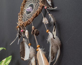 Crystal Dream Catcher - Shamanic Protection Wall Hanging with Natural Wood