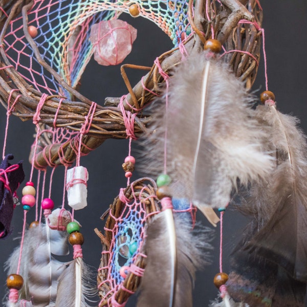 Hanging feathers orb DreamCatcher heal stones, Healing energy infused, Charged with your intentions, Crystals protection for night terrors