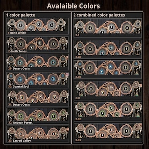 May include: A color chart displaying various dreamcatcher designs arranged in two columns labeled 1 color palette and 2 combined color palettes. Each row features circular woven frames with central stones, labeled with names like Bone-White, Earth Tones, Desert Oasis, Coastal Soul, Andean Forest, and Sacred Valley.