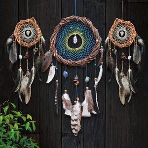 Juego de atrapasueños grande con 9 piedras curativas: decoración de cabecero hecha a mano para controlar las pesadillas y aliviar el estrés (juego de 3)