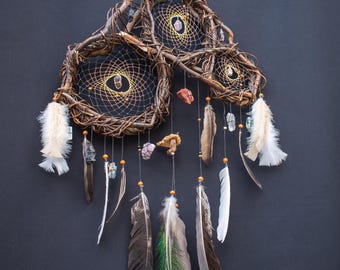 Home protection crystals Dream catcher with 12 shaman stones, healing tapestry