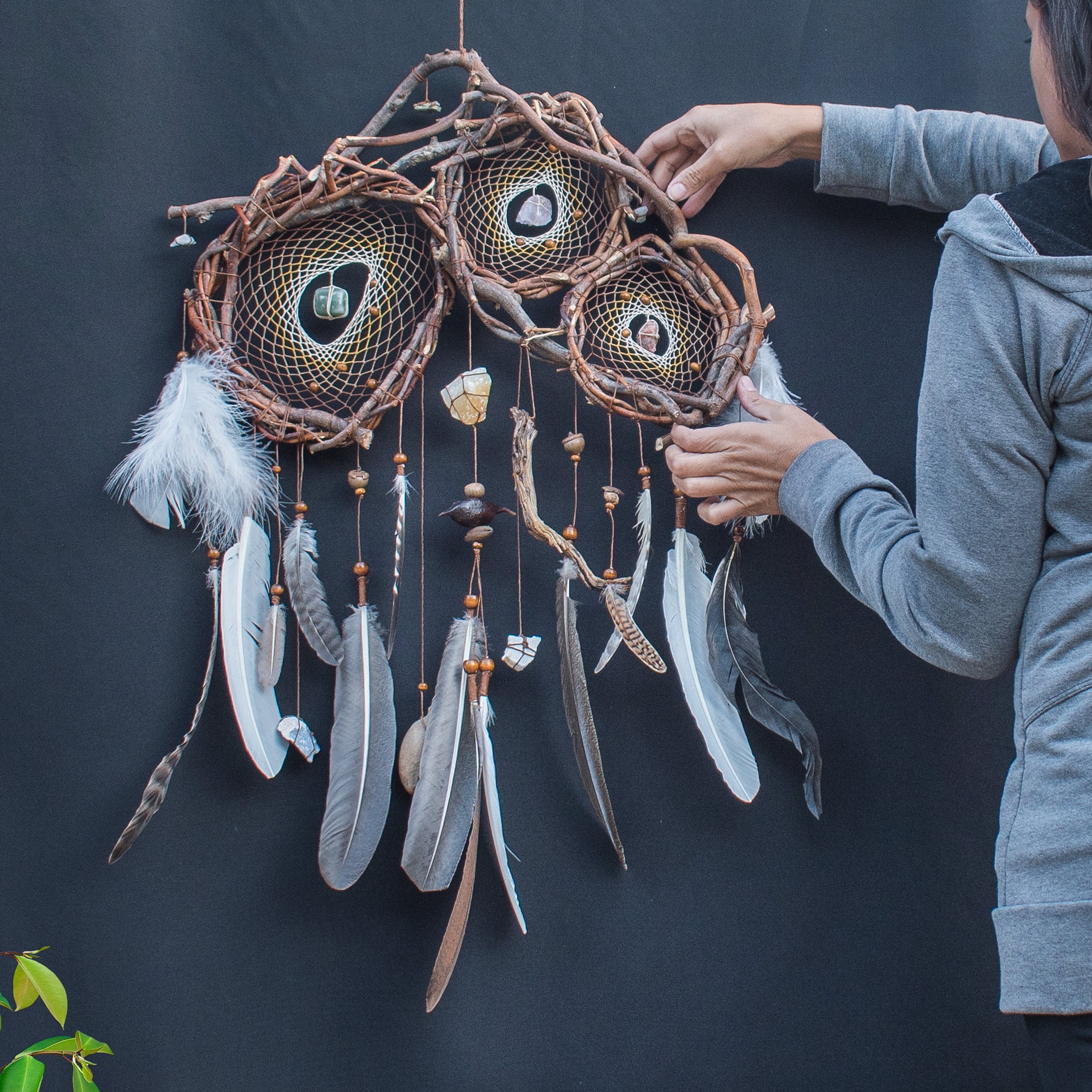 Natural Dream Catchers With Healing Crystals Sacred Geometry Etsy
