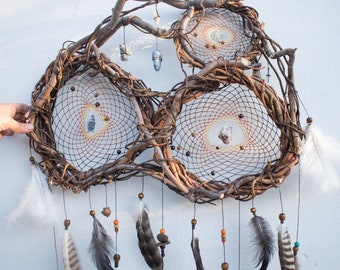 Custom dreamcatcher with crystals, Unique design holistic healing Decor, Yoga Ornament Meditation wall art Sacred Space Gift, Wellness gifts