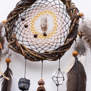 Protection Wall Art: Earth-Toned Dreamcatcher with Garnet, Smokey Quartz, and Tiger&#39;s Eye - Shamanic Home Decor for Meaningful Gifts