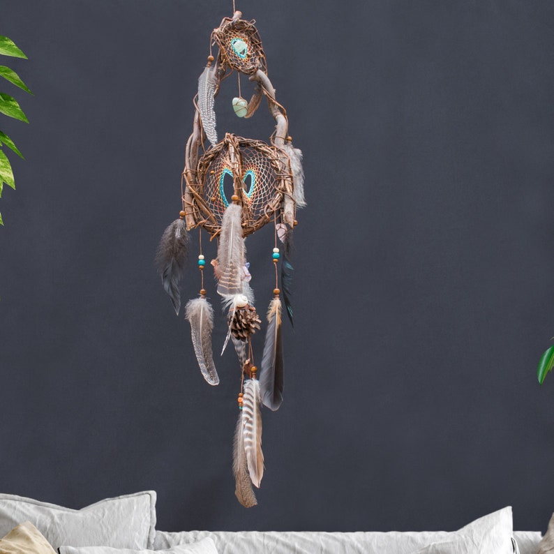 Water and Earth tones Hanging Mobile Beautiful Sacred Stones Dream Catcher Chakra balancing help for night terrors Boho gift Healing Yoga image 6