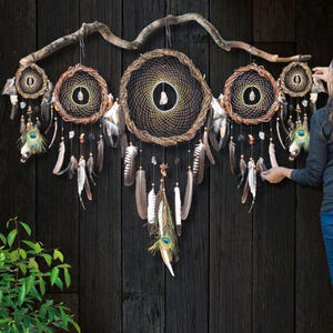 15 Healing Stones Set – 5 Crystal Dreamcatchers with Branch Option, Rustic Decor, Natural Gift for Shaman, Witch Vibes, Spiritual Protection