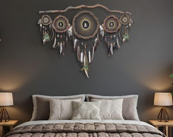 Oversized Macramé Wall Hanging: Bed-Spanning Dreamcatcher set of 5, with 15 Natural Gemstones