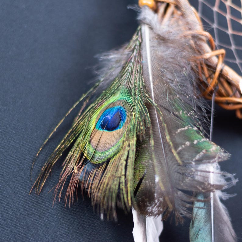May include: A dreamcatcher featuring a central peacock feather with iridescent green, gold, and blue eye markings. The feather is layered with soft grey and white plumes, attached to a woven brown twig hoop with a light-colored wooden bead accent.