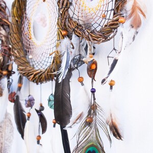 May include: A wall hanging featuring two circular dream catchers constructed from twisted brown willow branches. The webs are woven with thin thread and decorated with various natural elements including wooden beads, raw crystals, and assorted feathers.