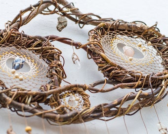 Handcrafted Earth-Toned Wall Collage Dreamcatcher: Customizable Colors & Semi-Precious Crystals, Eco-Friendly Design