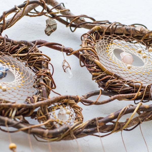 Handcrafted Earth-Toned Wall Collage Dreamcatcher: Customizable Colors & Semi-Precious Crystals, Eco-Friendly Design