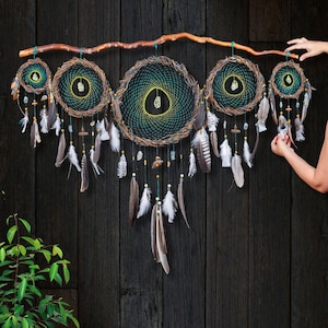 Set of 5 Forest Green Dreamcatchers with Natural Rustic Quartz, White Quartz Crystals for Healing, Protection, and Soothing Home Decor