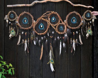 Shamanic Dreamcatcher 19 Healing Crystals & Peacock Feathers  – Handmade Willow for Spiritual Protection Boho Style