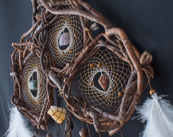 Organic Earth Treasures: Handcrafted Willow Wood Dreamcatcher Wall Decor with Semiprecious Stones