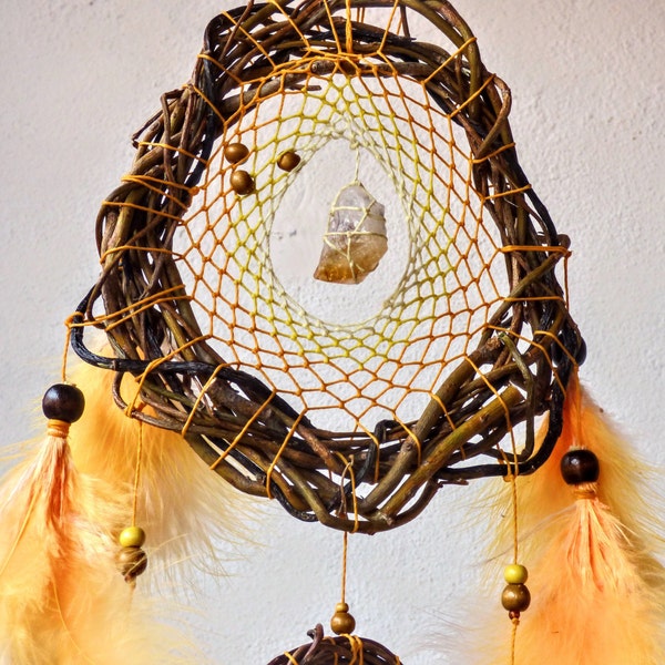 Sunny Yellow Dreamcatcher with Citrine Quartz and Dyed Natural Feathers - Customizable Color and Stone - Handcrafted Willow Dreamcatcher