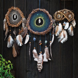 Dreamcatcher Trio Set: Authentic Native Style with Semi-Precious Stones, Handcrafted Willow, and Shamanic Aura for Spiritual Wellness