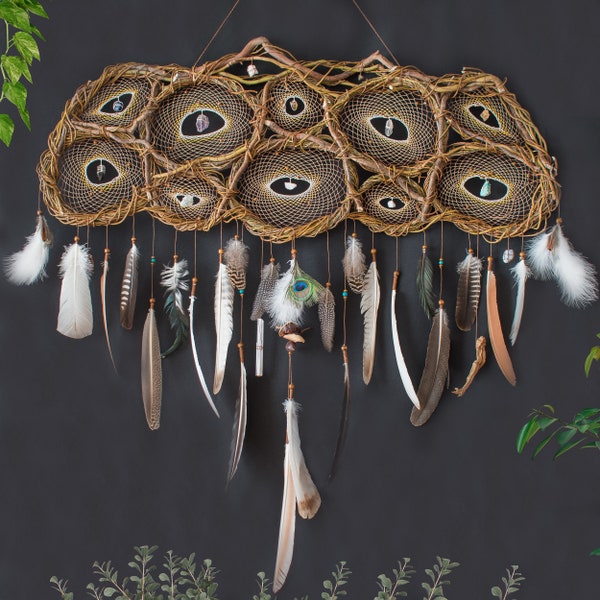 Extra large dream catcher wooden wall hanging with feathers and stones, Unique artwork bedroom art above bed, Spiritual housewarming gift