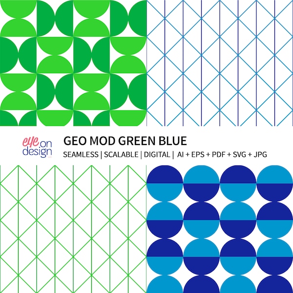 Geometric Mod Green Blue Modern Seamless Pattern | Set of 4 | Digital Paper | Graphic Background | Posters | ai eps pdf svg jpg