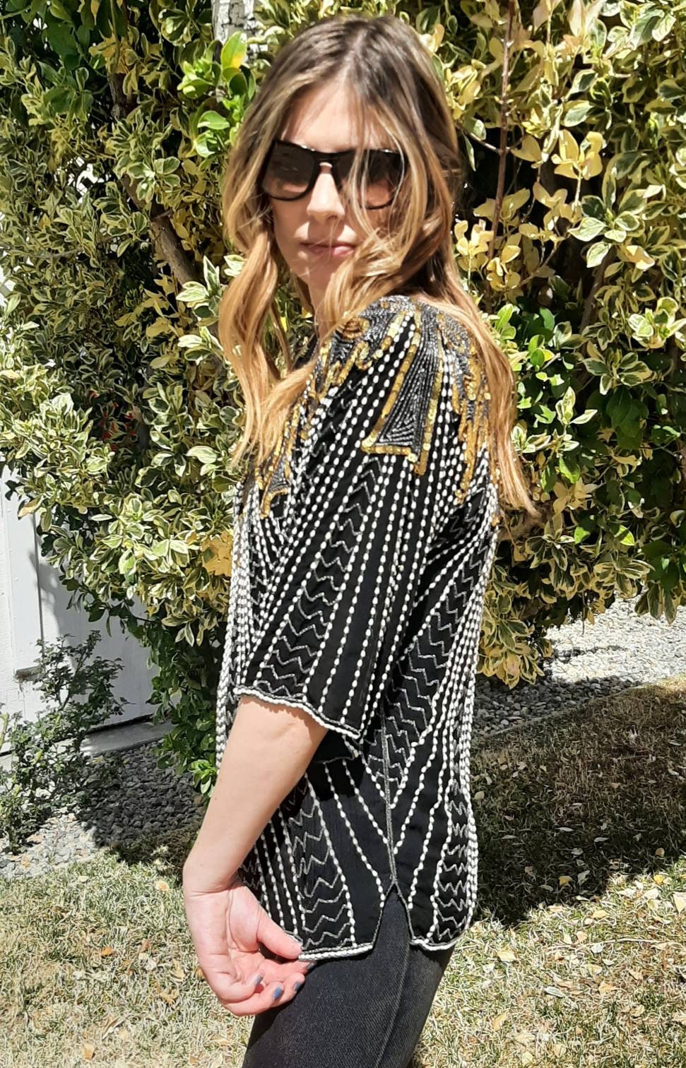 トップス arts & science Front slit ethnic blouse Women's Deep V Neck Button Front Split Slit Short Bell