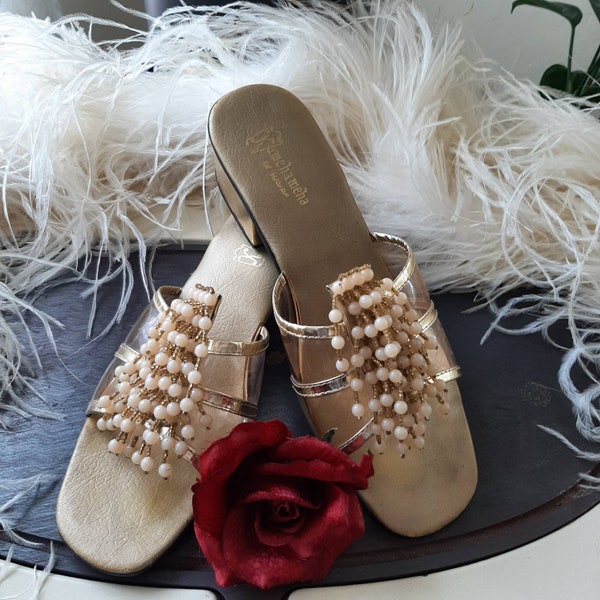 BEADED HAWIIAN SANDLES, 1960's Kamehameha of Hawaii, Vintage Beaded Sandals, Summer Sandals, Dress Sandals. Shipping Included