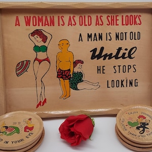 VINTAGE BAR TRAY, Cocktail Serving Tray with Coasters Set, Naughty Bar Set, 50/60&#39;s Man Cave Vintage Barware, Sexy Coaster Set, Ucagco Japan