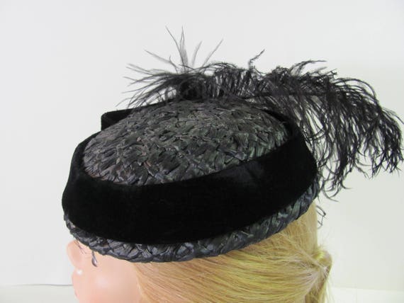 1950's RAFFIA PILL BOX Hat, Costume Hat, Black Ra… - image 5