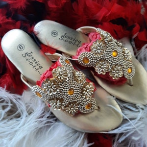 JESSICA SCOTT SANDLES, Gold Beaded Sandals, Low Heel Dress Sandals, Metallic Gold Sandals, Beaded Gold Flat Summer Sandals. Size 8