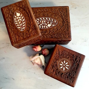 1970&#39;s INLAYED JEWELRY Box&#39;s, Tarot Box, Inlayed Hand Carved Wood Box&#39;s,  Vintage Jewelry Box&#39;s, Stash Box&#39;s. Made in India.  Free Shipping