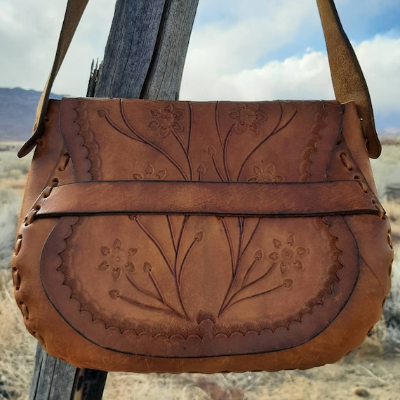 TOOLED HIPPIE PURSE, Hand Tooled Leather Flower Ch